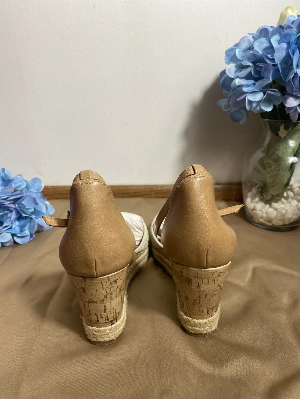 Maurices Cream Woven Espadrille Wedge Sandals with Tan Ankle Strap